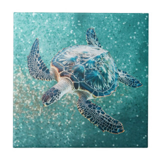 Shimmering Turquoise Sea Turtle | Coastal Ceramic Tile