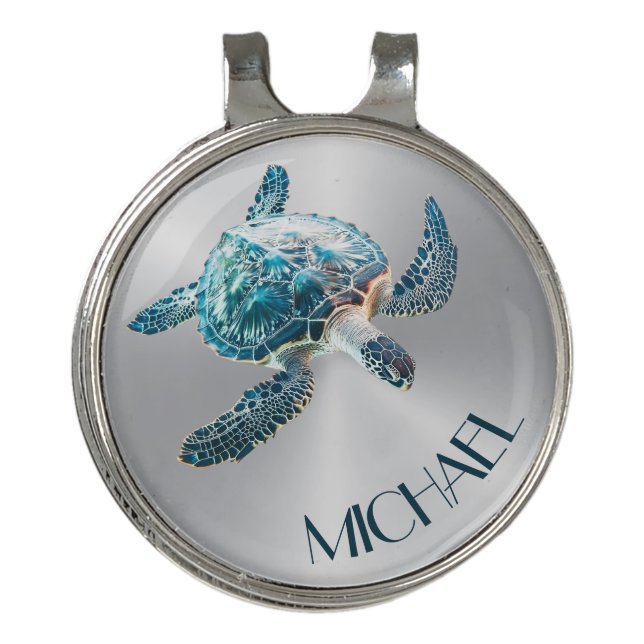 Shimmering Turquoise Sea Turtle | Coastal Golf Hat Clip (Front)