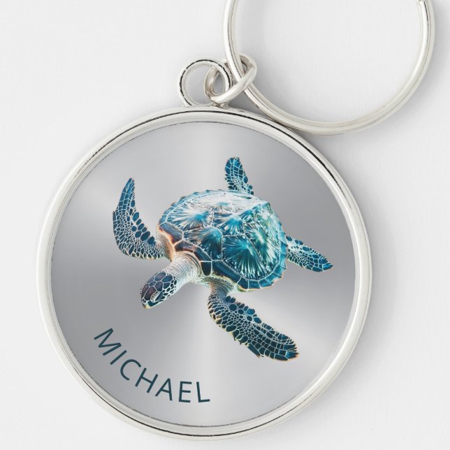 Shimmering Turquoise Sea Turtle | Coastal Keychain (Front)