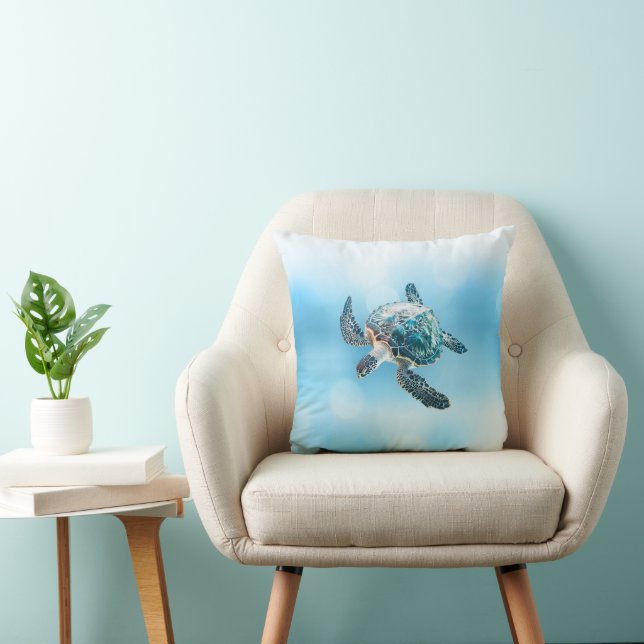 Shimmering Turquoise Sea Turtle | Coastal Throw Pillow (Chair)