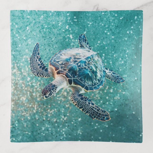 Shimmering Turquoise Sea Turtle | Coastal Trinket Tray (Front)