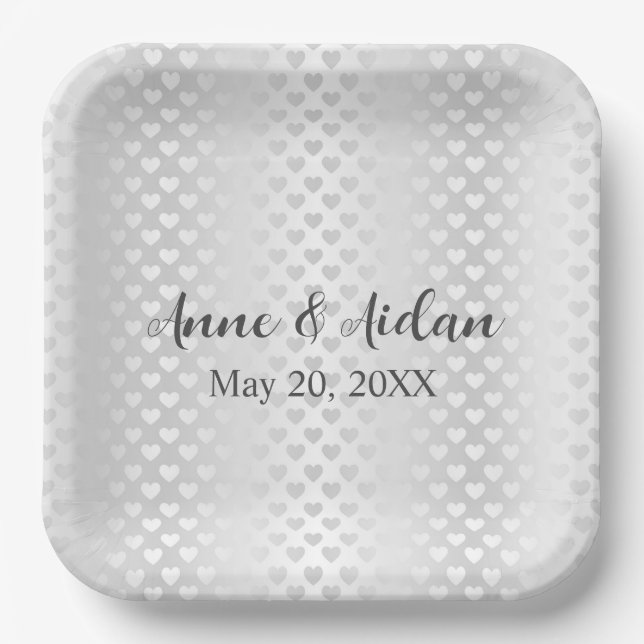 Shimmering White Wedding Hearts Paper Plates (Front)