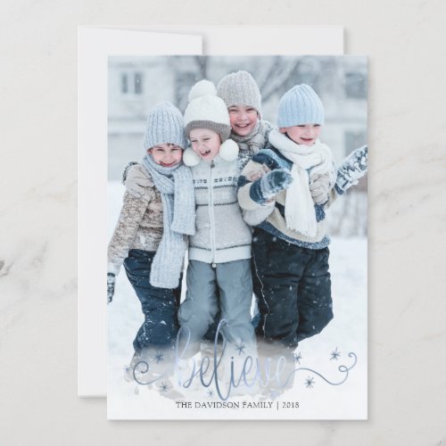 Shimmering Winter Blue BELIEVE Handwritten Script Holiday Card