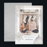 Shimmering Winter Christmas Holiday Photo Card<br><div class="desc">This shimmering winter Christmas holiday photo card features a real snow background with faux/fake silver leaves and snowflakes. The reverse side features a faux glitter silver background. Personalize it for your needs. You can find matching products at my store.</div>