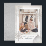 Shimmering Winter Christmas Holiday Photo Card<br><div class="desc">This shimmering winter Christmas holiday photo card features a real snow background with faux/fake silver leaves and snowflakes. The reverse side features a faux glitter silver background. Personalize it for your needs. You can find matching products at my store.</div>