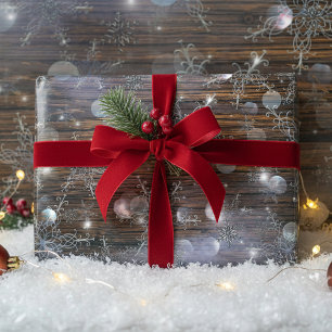 Shimmering Winter Silver Snowflakes On Barn Wood Wrapping Paper Sheets