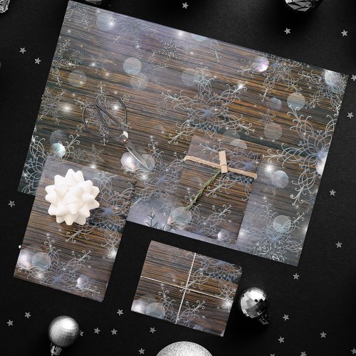 Shimmering Winter Silver Snowflakes On Barn Wood Wrapping Paper Sheets
