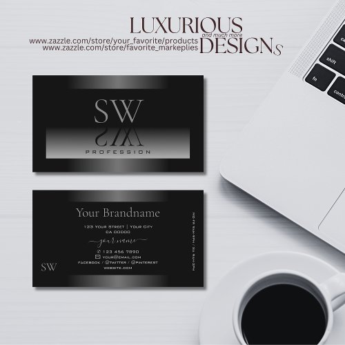 Shimmery Black Gray White Gradient and Monogram Business Card