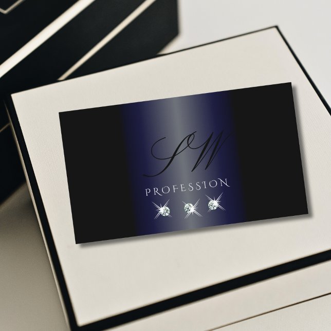 Shimmery Blue Black Sparkling Diamonds Initials Business Card (Creator Uploaded)