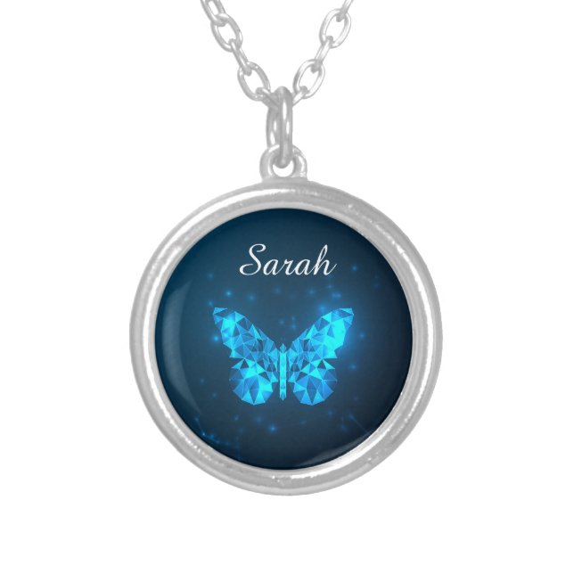 Shimmery Blue Butterfly with Your Name Silver Plated Necklace (Front)