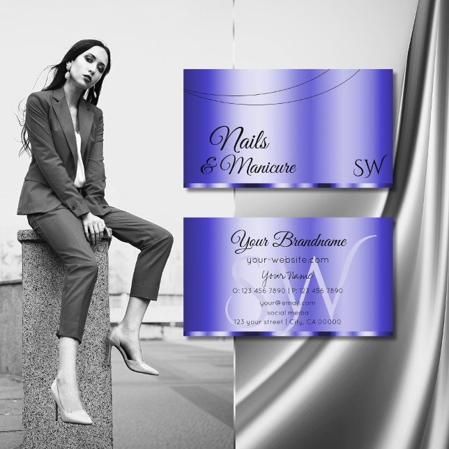 Shimmery Blue Glamorous with Initials Modern Business Card (Creator Uploaded)
