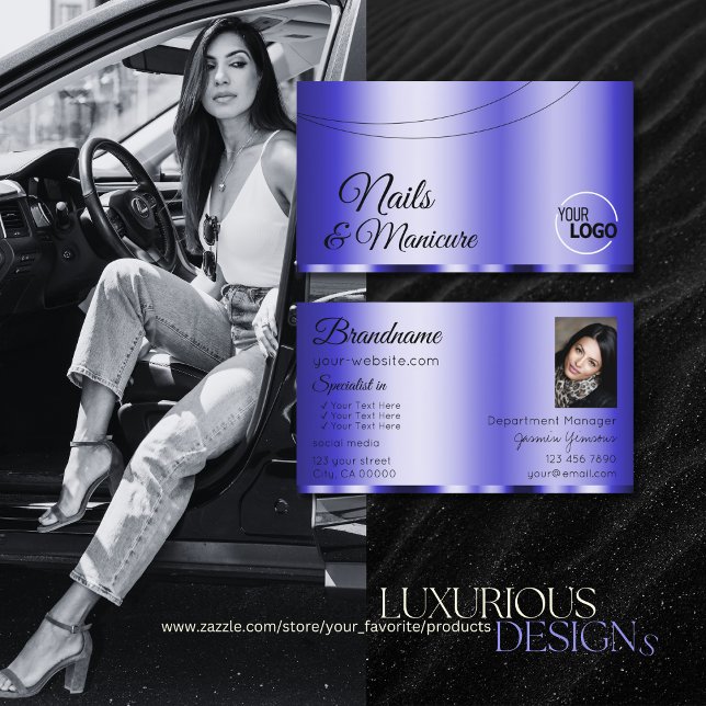 Shimmery Blue Glamorous with Logo and Photo Business Card (Creator Uploaded)
