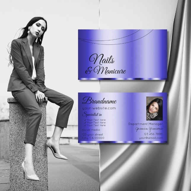 Shimmery Blue Glamorous with Photo Modern Business Card (Creator Uploaded)