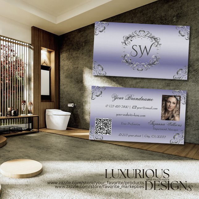 Shimmery Blue Silver Decor Monogram Photo QR Code Business Card (Creator Uploaded)