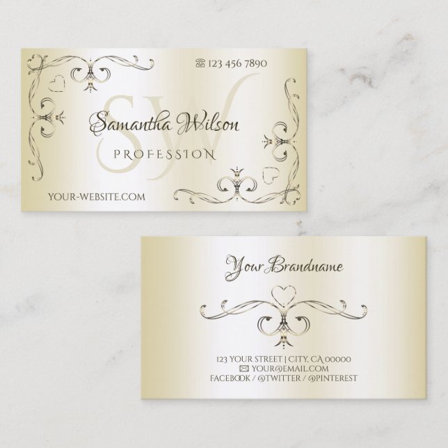 Shimmery Cream Ornamental Ornate Corners Initials Business Card (Front/Back)
