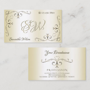 Shimmery Cream Ornate Corners Initials Ornamental Business Card