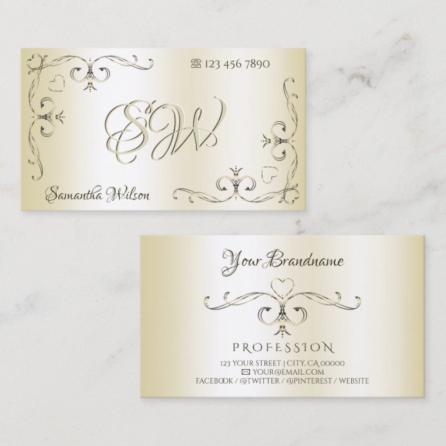 Shimmery Cream Ornate Corners Initials Ornamental Business Card (Front/Back)