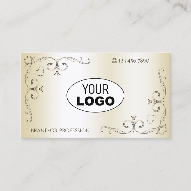Shimmery Cream Ornate Corners with Logo Ornamental Business Card (Front)