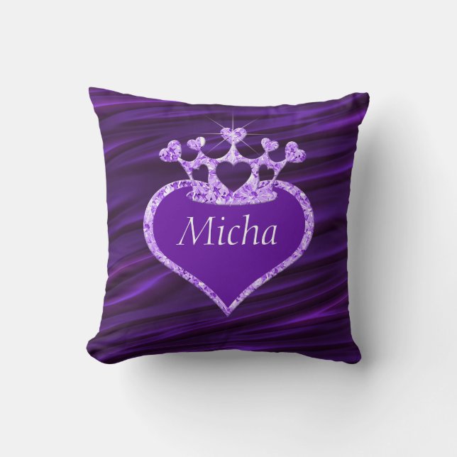 Shimmery Creased Purple Satin Crown Monogram Throw Pillow (Front)