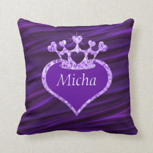Shimmery Creased Purple Satin Crown Monogram Throw Pillow