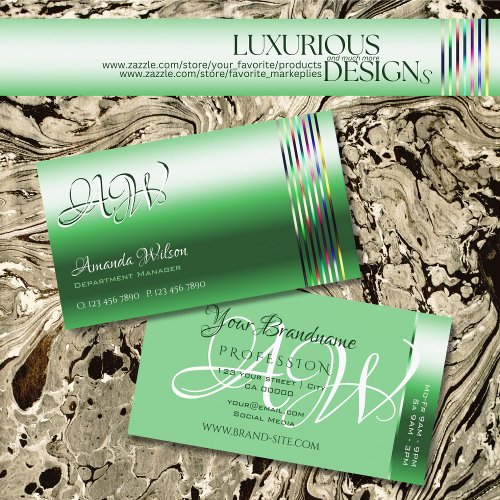 Shimmery Emerald Green Colorful Stripes Monogram Business Card