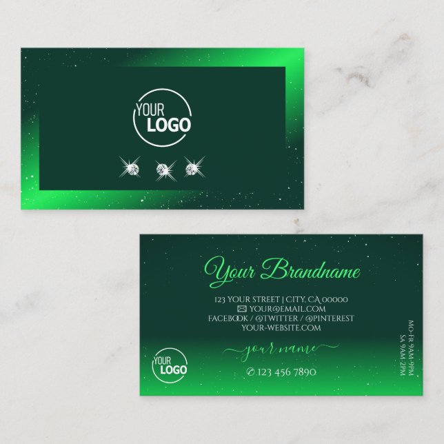 Shimmery Emerald Green Sparkling Diamonds Add Logo Business Card (Front/Back)
