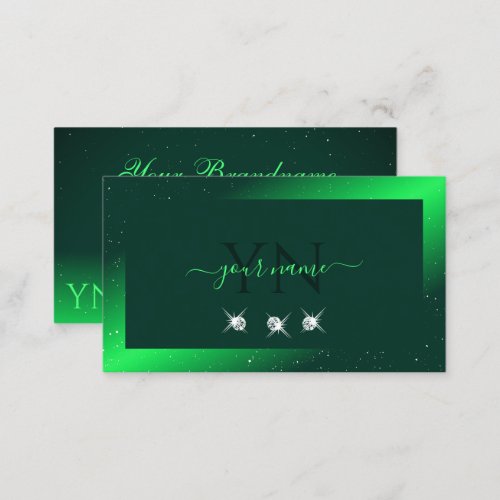 Shimmery Emerald Green Sparkling Diamonds Initials Business Card