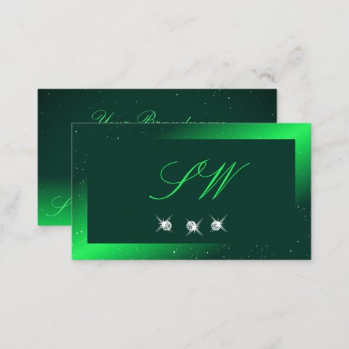 Shimmery Emerald Green Sparkling Diamonds Monogram Business Card