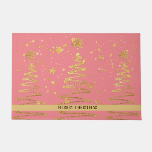 Shimmery girly modern gold tree Christmas pink Doormat