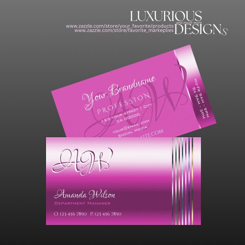 Shimmery Girly Pink Colorful Stripes and Monogram Business Card