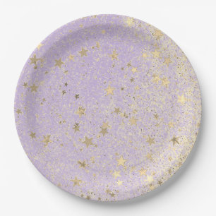 Shimmery Glittery Gold Stars on Lavender      Paper Plates