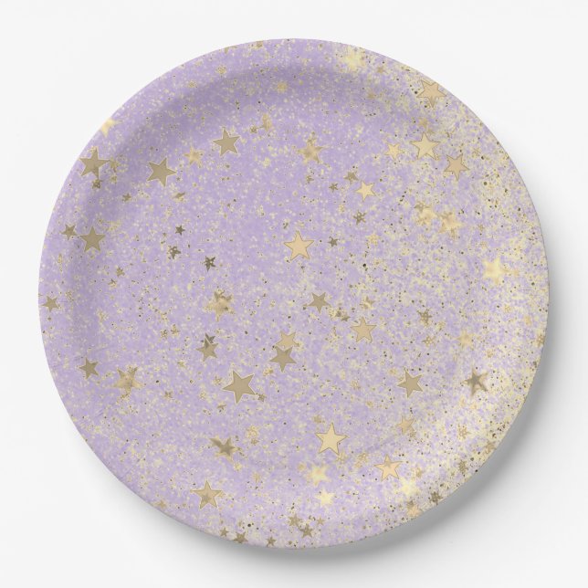 Shimmery Glittery Gold Stars on Lavender      Paper Plates (Front)