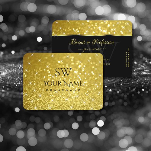 Shimmery Gold Glitter Sparkling Stars and Monogram Business Card