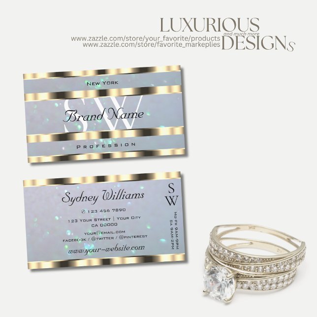Shimmery Gold Light Blue Pearl Glitter Monogram Business Card (Creator Uploaded)