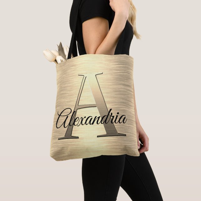 Shimmery Gold Monogram Tote Bag (Close Up)