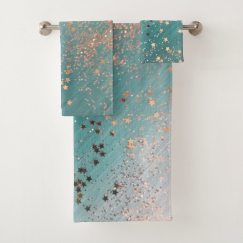 Shimmery Gold Stars on Teal  Bath Towel Set