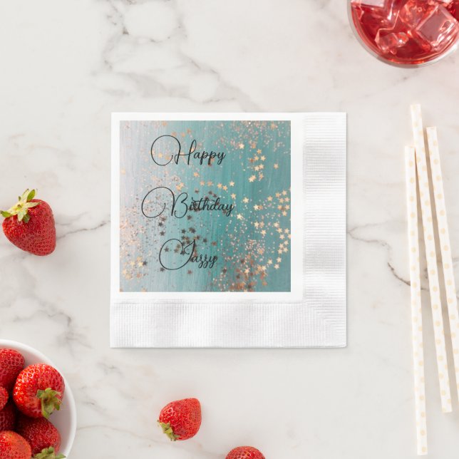 Shimmery Gold Stars on Teal Birthday Napkins (Insitu)