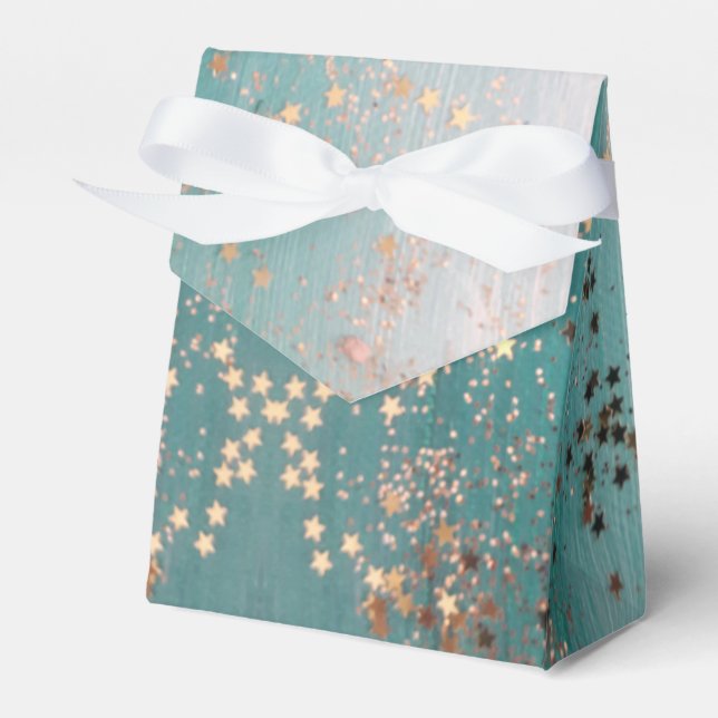 Shimmery Gold Stars on Teal Favor Boxes (Front Side)