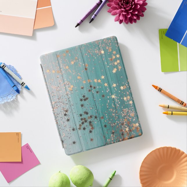Shimmery Gold Stars on Teal  iPad Smart Cover (In Situ)
