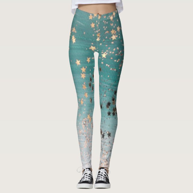 Shimmery Gold Stars on Teal  Leggings (Front)