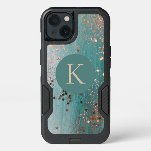 Shimmery Gold Stars on Teal Monogram iPhone 13 Case