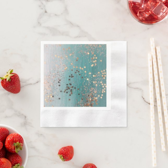 Shimmery Gold Stars on Teal  Napkins (Insitu)