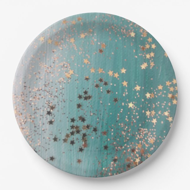 Shimmery Gold Stars on Teal  Paper Plates (Front)