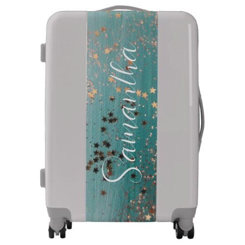 Shimmery Gold Stars on Teal Personalized Luggage