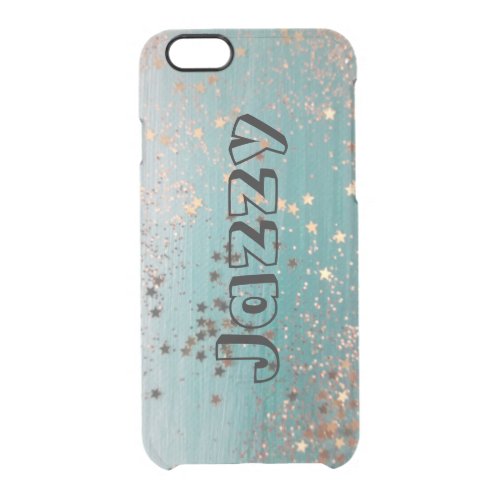 Shimmery Gold Stars on Teal Personalized Clear iPhone 66S Case