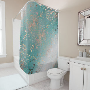 Shimmery Gold Stars on Teal Shower Curtain
