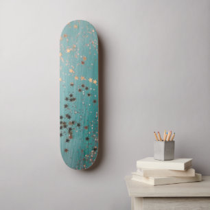 Shimmery Gold Stars on Teal Skateboard