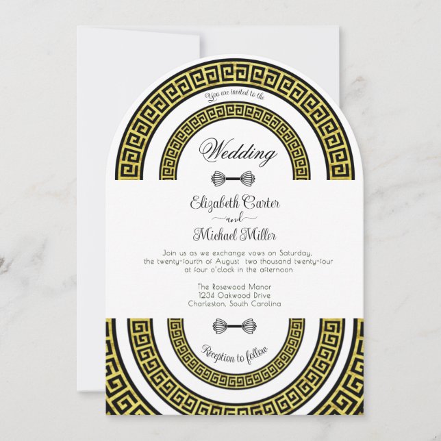 Shimmery Golden Foil Effect Greek Meander Infinity Invitation (Front)