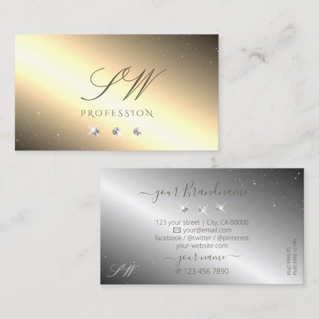 Shimmery Golden Silver Sparkling Diamonds Monogram Business Card (Front/Back)