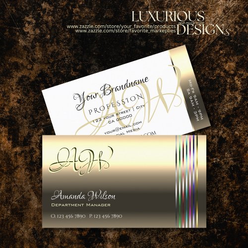 Shimmery Golden White Colorful Stripes Monogram Business Card
